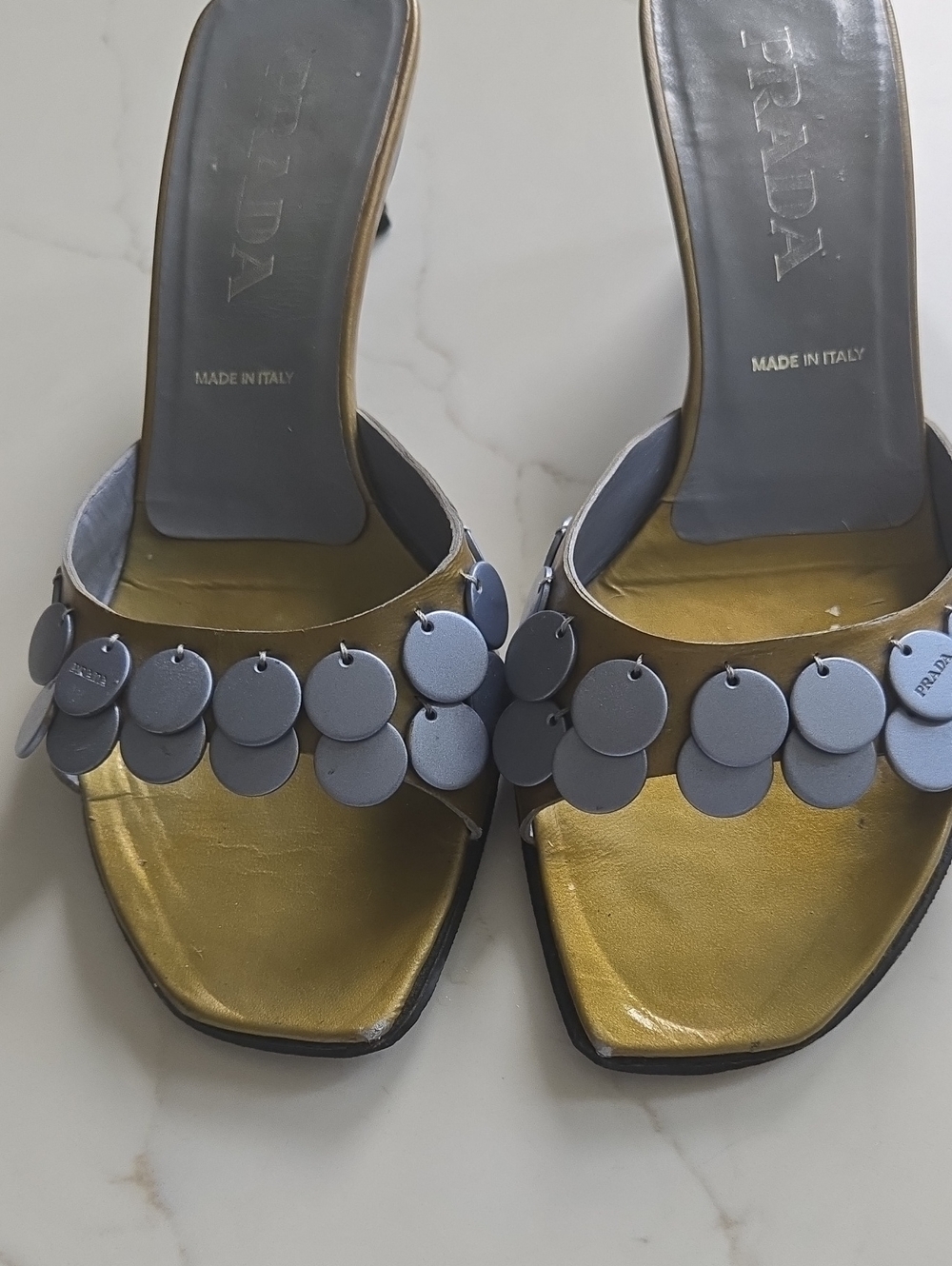 Prada Gold and Blue Disc Embellished Slide Mules